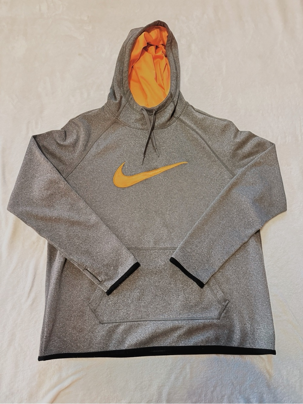 Nike Gray Hoodie with Orange Lined Hood and Yellow Swoosh